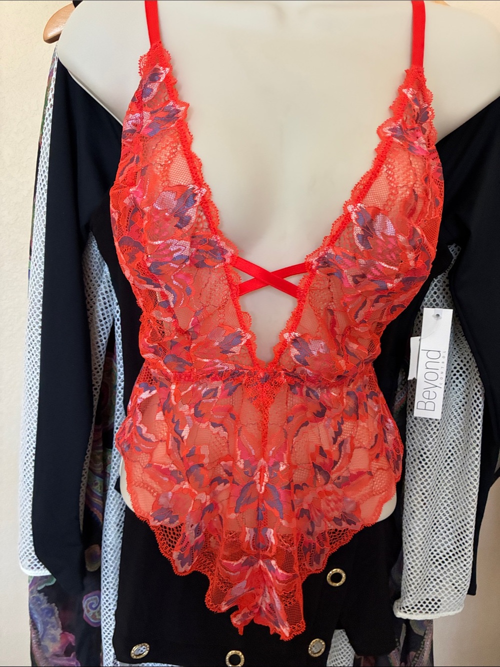 Cosabella Red Floral Lace Plunge Teddy Paradiso Sicilian Orange M medium NWT